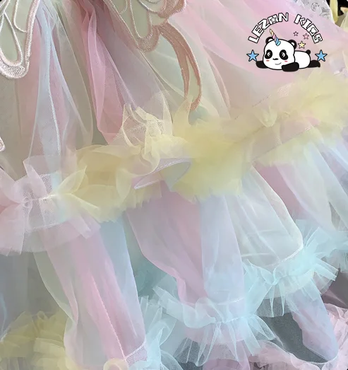 LEZONKIDS - Summer New Fashion Neon Slip Dress Baby Girls Layered Princess Short Sleeves Western Style Ball Gowns Design Mesh Dress